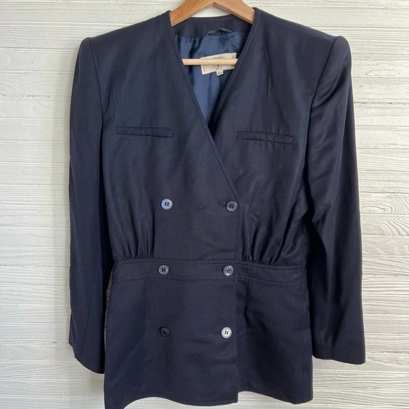 Vintage Valentino Miss V Women's Double-Breasted Blazer Navy Blue Size 42 Wool - Picture 2 of 16